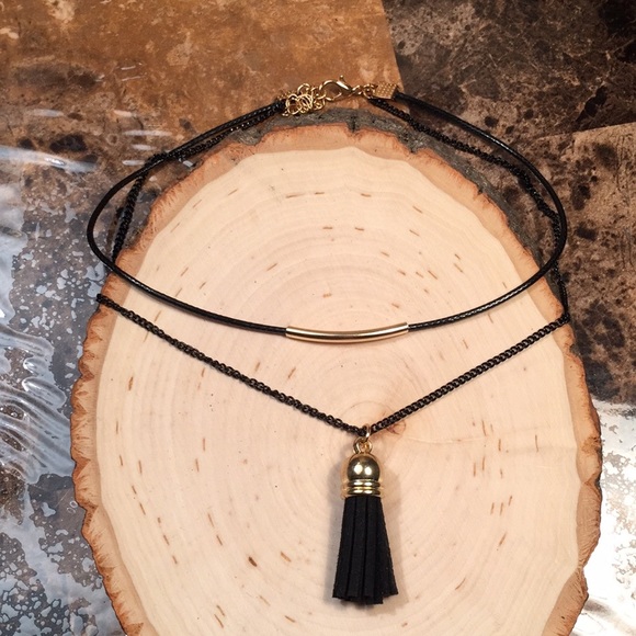Black choker tassle black gold choker boho NEW double layer choker necklace - Picture 5 of 10